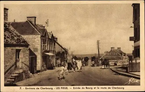 Ak Cherbourg Octeville Manche, Les Pieux, Entrée du Bourg et la route de Cherbourg