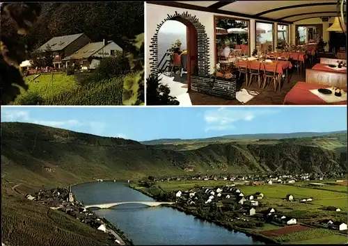 Ak Piesport an der Mosel, Panorama vom Ort, Brücke, Weinstube Moselblick, Außen- u. Innenansicht