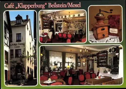 Ak Beilstein an der Mosel, Café Klapperburg, Außen- u. Innenansicht, Esstische, Kaffeemühle