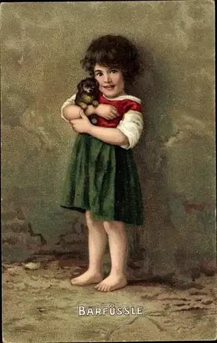 Litho Barfüßle, kleines Mädchen mit Hund auf dem Arm