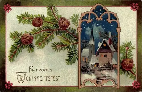 Präge Litho Glückwunsch Weihnachten, Ortsansicht bei Nacht, Tannenzweig, Kirche