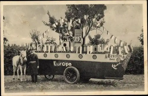 Ak Harz, Männer mit Nachbau des Dampfers Europa, Wagen, Pferd, Abziehbilder Malzbier, Hopfen, Gerste