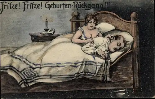 Künstler Ak Fritze, Fritze, Geburtenrückgang, Frau weckt ihren schlafenden Mann