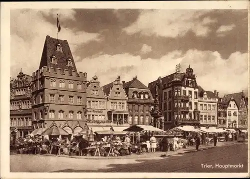 Ak Trier in Rheinland Pfalz, Partie am Hauptmarkt, Dom Apotheke, Hotel, Stände, Menschen