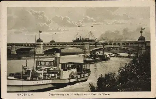 Ak Minden in Westfalen, Überführung des Mittellandkanals über die Weser, Flussdampfer