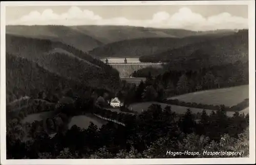 Ak Haspe Hagen in Westfalen, Panorama der Haspertalsperre mit Umgebung, Wald, Haus