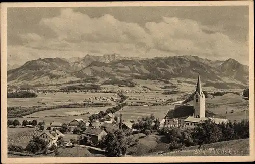 Ak Seifriedsberg Blaichach im Allgäu, Panorama vom Ort u. Umgebung, Kirche, Bergkette i. Hintergrund