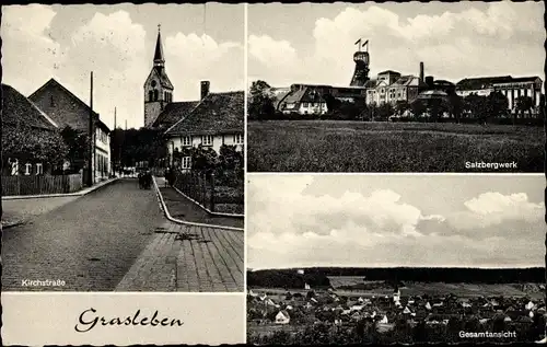 Ak Grasleben in Niedersachsen, Kirchstraße, Salzbergwerk, Gesamtansicht