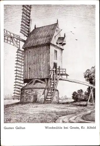 Künstler Ak Gallun, Gustav, Graste Woltershausen in Niedersachsen, Windmühle
