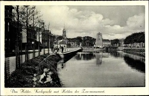 Ak Den Helder Nordholland Niederlande, Kerkgracht met Helden der Lee monument, Kirche