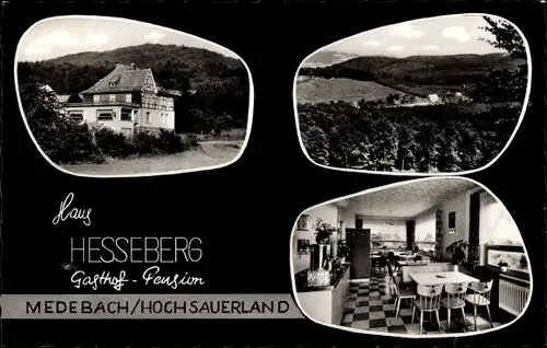 Ak Medebach im Hochsauerlandkreis, Gasthof Haus Hesseberg, Außen- u. Innenansicht, Blick auf den Ort