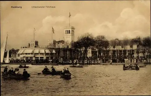 Ak Hamburg Nord Uhlenhorst, Fährhaus, Blick vom Wasser aus, Menschen in Ruderbooten