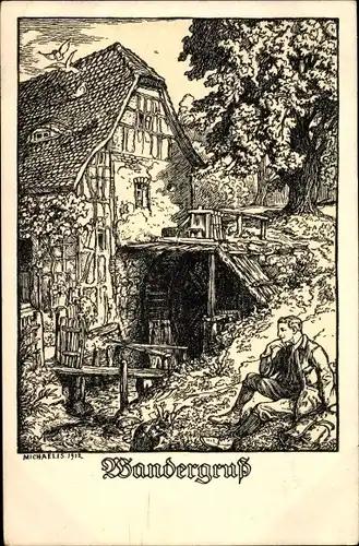 Künstler Ak Michaelis, Arthur, Wandergrüße, 1912, Wassermühle, Wanderer