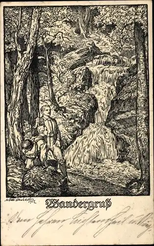 Künstler Ak Michaelis, Arthur, Wandergrüße, 1912, Wanderer, Wasserfall