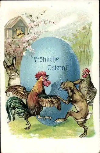 Präge Ak Glückwunsch Ostern, Osterhasen und Hühner tanzen um Osterei