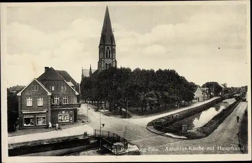 Ak Papenburg im Emsland, Antoniuskirche mit Hauptkanal