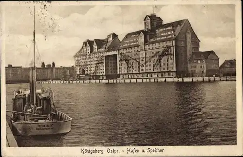 Ak Kaliningrad Königsberg Ostpreußen, Hafen, Speicher, Boot Frey