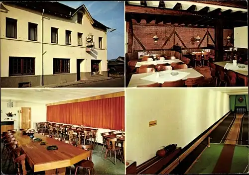 Ak Lösnich in Rheinland-Pfalz, Gasthaus Albert Heil, Außen- u. Innenansicht, Kegelbahn, Esstische