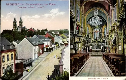 Ak Arenberg Koblenz, Roter Hahn, Kirche Innenansicht, Altar, Wohnhäuser