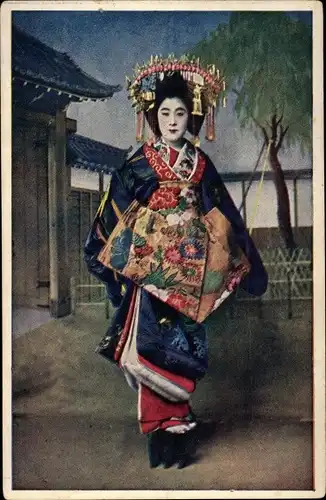 Ak Japan, Japanerin im Kimono, Kopfschmuck, Geisha