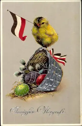 Präge Ak Glückwunsch Ostern, Küken mit Fahne, Korb, Ostereier, Weidenkätzchen