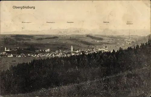 Ak Obergünzburg im Ostallgäu, Panorama vom Ort, Berge Klammspitze, Kreuzspitze, Zugspitze, Säuling