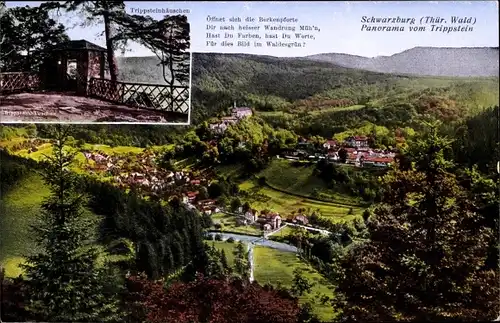 Ak Schwarzburg in Thüringen, Panorama vom Ort mit Umgebung, Blick auf das Trippsteinhäuschen