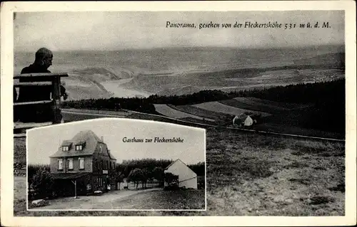 Ak Fleckertshöhe Weiler Boppard Mittelrhein, Gasthaus, Bes. Peter Rheinbay, Ortspanorama