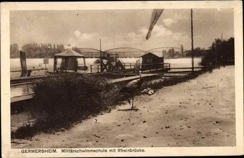Ak Germersheim in Rheinland Pfalz, Militär Schwimmschule, Rheinbrücke