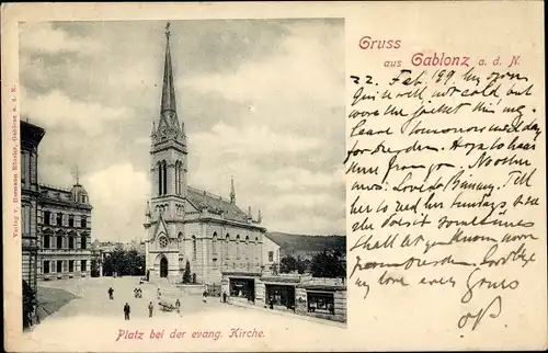 Ak Jablonec nad Nisou Gablonz an der Neiße Reg. Reichenberg, Platz, Evangelische Kirche