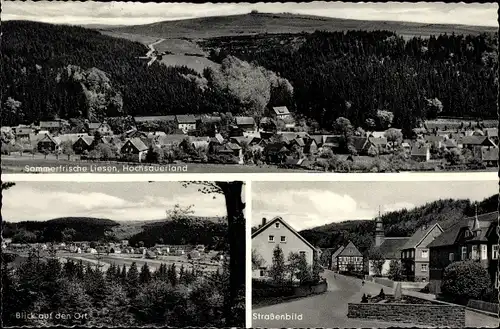 Ak Liesen Hallenberg Sauerland, Panorama vom Ort mit Umgebung, Straßenpartie, Kirche, Wald