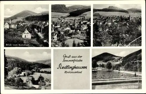 Ak Siedlinghausen Winterberg im Sauerland, Teilansicht vom Ort, Schwimmbad, Meisterstein