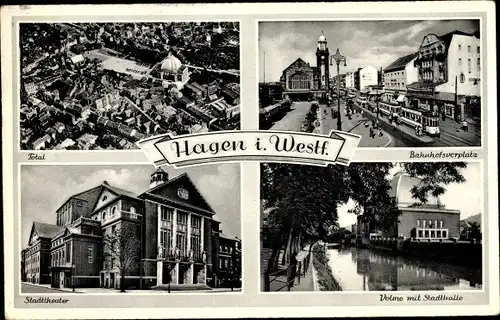 Ak Hagen in Westfalen, Totalansicht vom Ort aus der Luft, Stadttheater, Bahnhofsvorplatz, Stadthalle