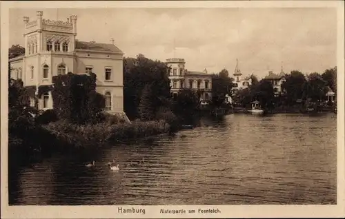 Ak Hamburg Nord Uhlenhorst, Alsterpartie am Feenteich, Villen