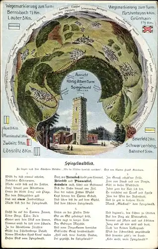 Ak Grünhain Beierfeld im Erzgebirge Sachsen, König Albert Turm, Spiegelwald, Spiegelwaldlied