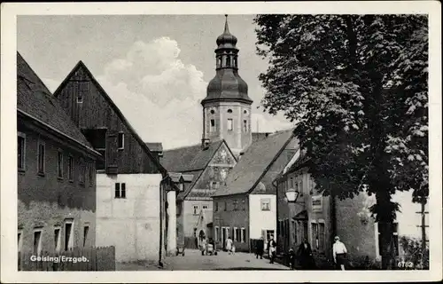 Ak Geising Altenberg Erzgebirge, Kirche, Wohnhäuser, Passanten