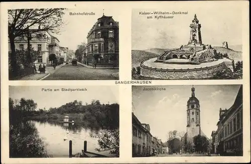 Ak Sangerhausen Sachsen Anhalt, Bahnhofstraße, Stadtparkteich, Jacobikirche, Kaiser Wilhelm Denkmal
