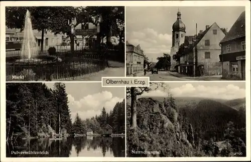 Ak Olbernhau im Erzgebirge Sachsen, Markt, Pulvermühlenteich, Natzschungtal, Kirche