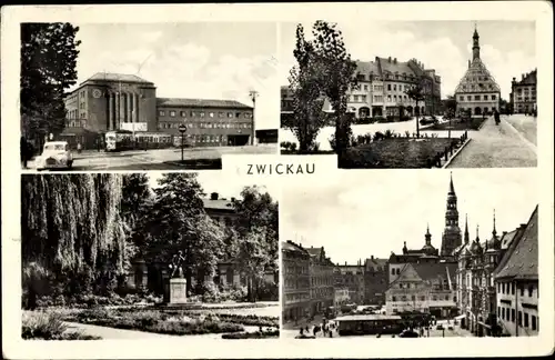 Ak Zwickau in Sachsen, Stadtansichten, Bahnhof, Kirche, Rathaus, Denkmal