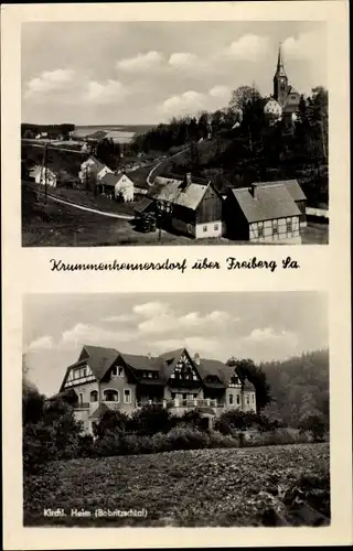 Ak Krummenhennersdorf Halsbrücke in Mittelsachsen, Kirchl. heim, Kirche, Panorama vom Ort