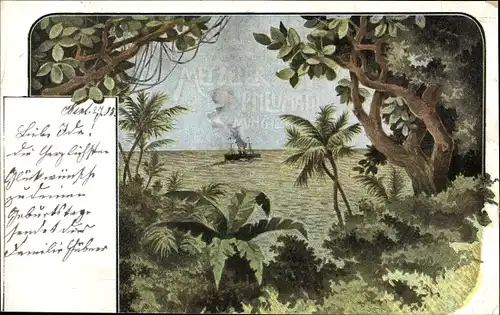 Ak Durchblick aus dem Dschungel, Dampfer m. Kautschuk auf hoher See, Metzeler Pneumatic Werbung