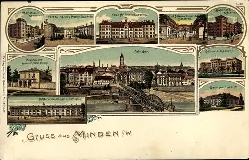 Litho Minden in Westfalen, Marienwallkaserne, Artillerie Kaserne, Bahnhofskaserne, Simeonskaserne