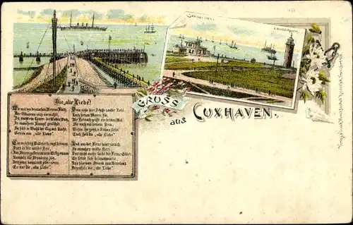 Litho Cuxhaven in Niedersachsen, Alte Liebe, Seepavillon, Leuchtturm