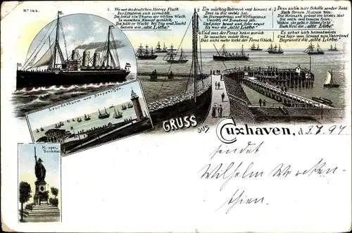 Litho Cuxhaven in Niedersachsen, Alte Liebe, Leuchtturm, Dampfer, Kriegerdenkmal