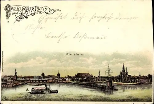 Litho Konstanz am Bodensee, Panorama vom Hafen, Dampfer