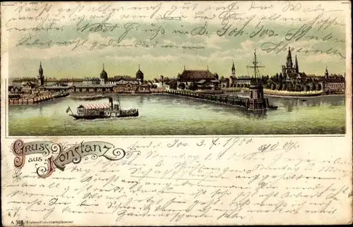 Litho Konstanz am Bodensee, Panorama vom Hafen, Dampfer