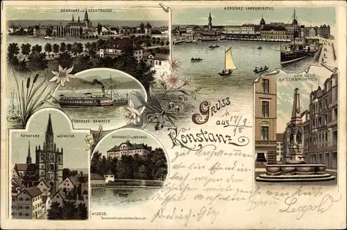 Litho Konstanz am Bodensee, Münster, Schloss Mainau, Kaiserbrunnen, Landungssteg