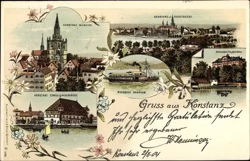Litho Konstanz am Bodensee, Münster, Conciliumsgebäude, Seestraße, Schloss Mainau