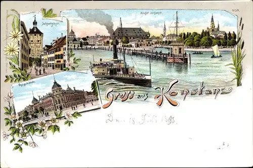 Litho Konstanz am Bodensee, Schnetztor, Postgebäude, Hafeneinfahrt