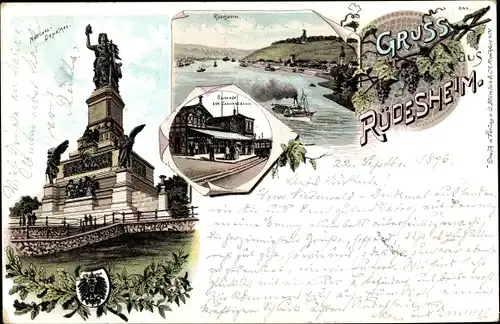 Litho Rüdesheim am Rhein Hessen, Nationaldenkmal, Bahnhof Zahnradbahn, Rheintal